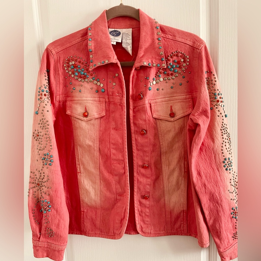 DG2 by Diane Gilman Embellished Ombré Pinkish Reddish Stretch Denim Jacket